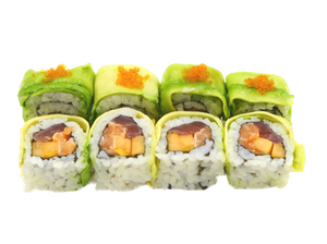 URAMAKI TOBIKO (philadelphia, tonno, salmone, papaya, esterno sashimi di avocado e uova di tobiko 8pz)