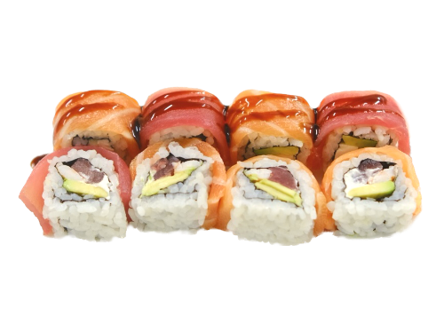 URAMAKI HASU (philadelphia, tonno, gambero cotto, avocado, esterno sashimi di tonno e salmone e salsa kabayaki 8pz)