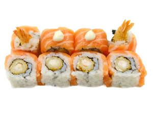 URAMAKI TIGER (gambero in tempura, mayo, esterno sashimi di salmone e mayo 8pz)