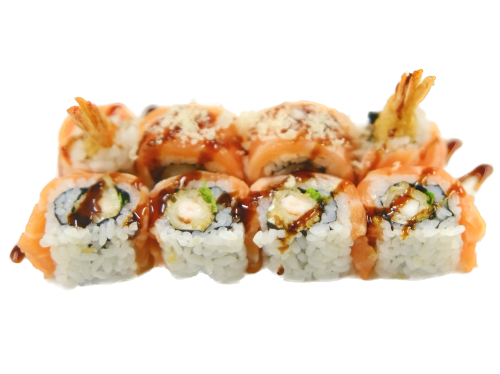 URAMAKI PANTER (gamberi in tempura, philadelphia, basilico, esterno sashimi di salmone, fiocchi di patate e salsa teriyaki 8pz)