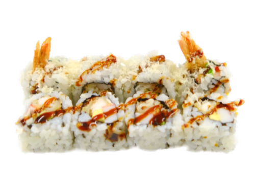 RAKKI ROLL (gamberi in tempura, avocado, surimi, mayo, tobiko, esterno fiocchi di tempura e salsa teriyaki 8pz)
