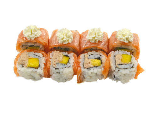 FIORI MANGO(salsa di tonno pinna gialla, mango, esterno con almone flambato e philadelphia 8pz)