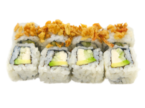URAMAKI ONIONS(roll di riso con cetrioli,avocado, tufu e cipolle fritte 8pz)