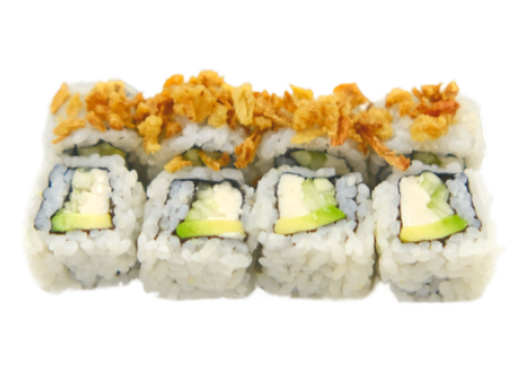 URAMAKI ONIONS(roll di riso con cetrioli,avocado, tufu e cipolle fritte 8pz)