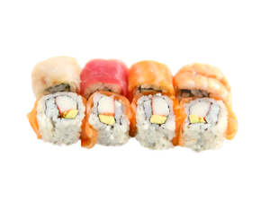 URAMAKI ARCOBALENO (polpa di granchio, avocado mayo avvolto da pesce 8pz)