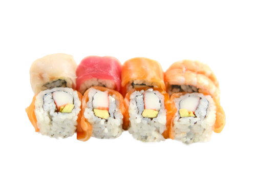 URAMAKI ARCOBALENO (polpa di granchio, avocado mayo avvolto da pesce 8pz)