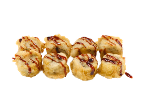 URAMAKI CALIFORNIA IN TEMPURA (gamberi cotti, avocado, salsa tonno,
esterno in tempura 8pz)