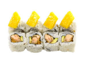 MANGO SALAMON (roll di riso con salmone in tempura, esterno sashimi di mango 8pz)