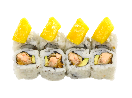MANGO SALAMON (roll di riso con salmone in tempura, esterno sashimi di mango 8pz)