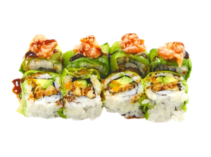 URAMAKI CRAB FLAMB (tempura di granchio morbido,avocado,uova di tobiko,esterno avocado,tartare di salmone flambato e salsa teriyaki 8pz)