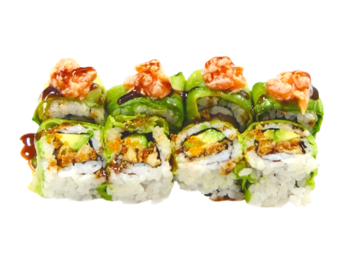 URAMAKI CRAB FLAMB (tempura di granchio morbido,avocado,uova di tobiko,esterno avocado,tartare di salmone flambato e salsa teriyaki 8pz)