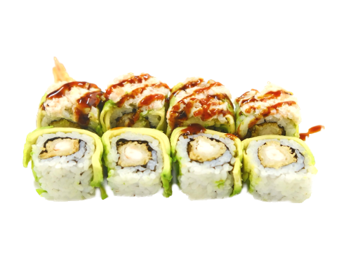 URAMAKI RED DRAGON (tempura di gamberi, mayo, esterno sahimi di avocado, tartare di astice con mayo e salsa teriyaki8pz)