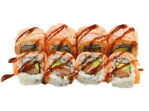 URAMAKI FLAMBè (roll di riso con tartare di salmone, avocado e tabasco, esternamente salmone flambè, salsa teriyaki e sesamo 8pz)