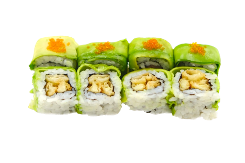 URAMAKI BLUE CRAB（granchio morbido in tempura,esterno avocado e tobiko)